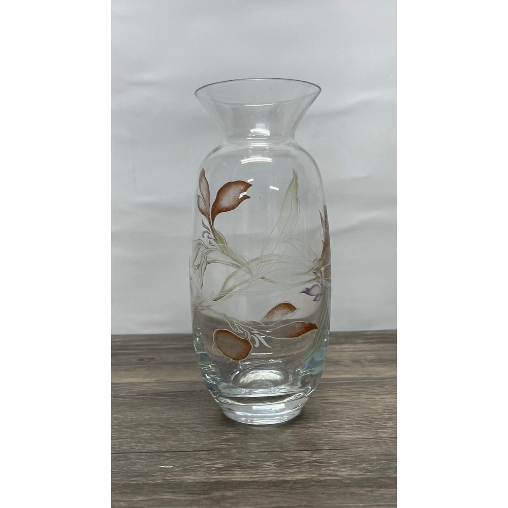 Hand Painted Clear Glass Floral Vase Flared Rim Brown Purple Botanical Decor